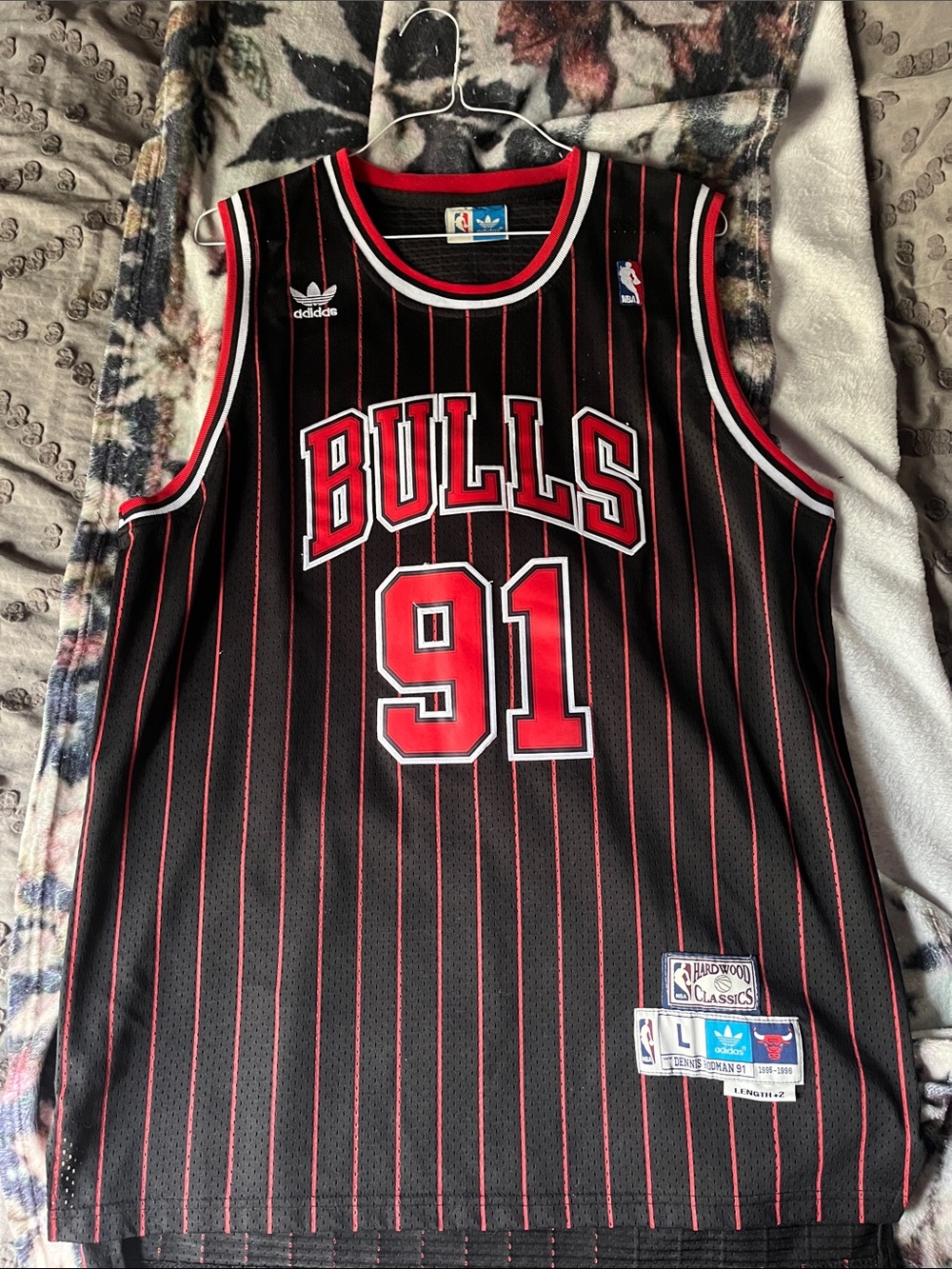 adidas Black & Red Chicago Bulls #91 Pinstripe Jersey